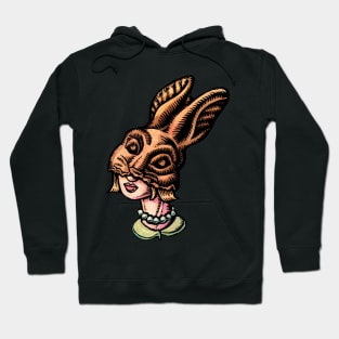 Woman Wearing Chocolate Rabbit Head Hoodie